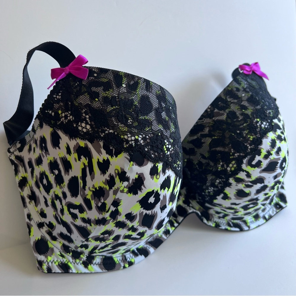 Perfects, Perfectly Australian Leopard Print Bra with Lace and Pink Bows 38DDDD